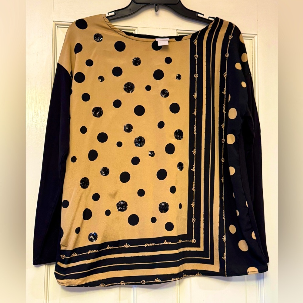 Chico's Tan and Black Polka Dot Blouse with Peace, Love, Chic Logo